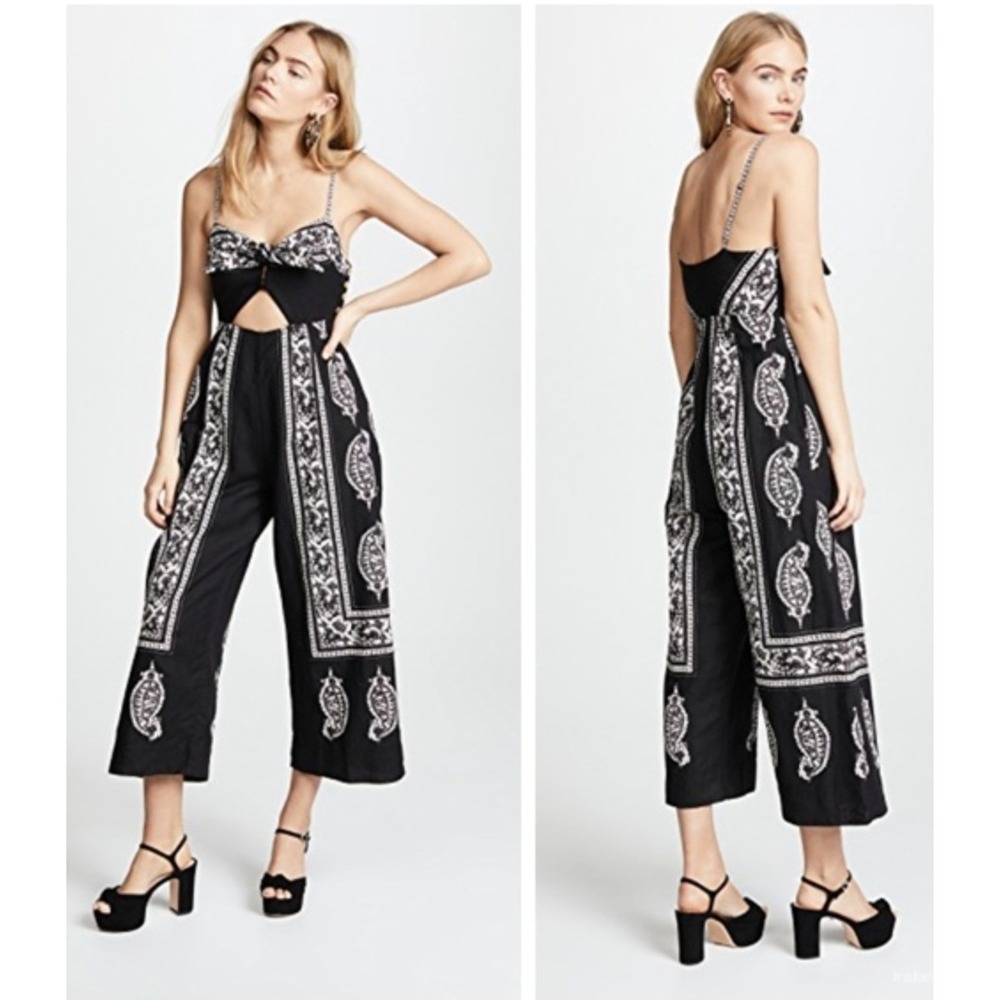 Free People Feel the Sun Linen Blend Jumpsuit Cropped Wide Leg Cutout Size 2